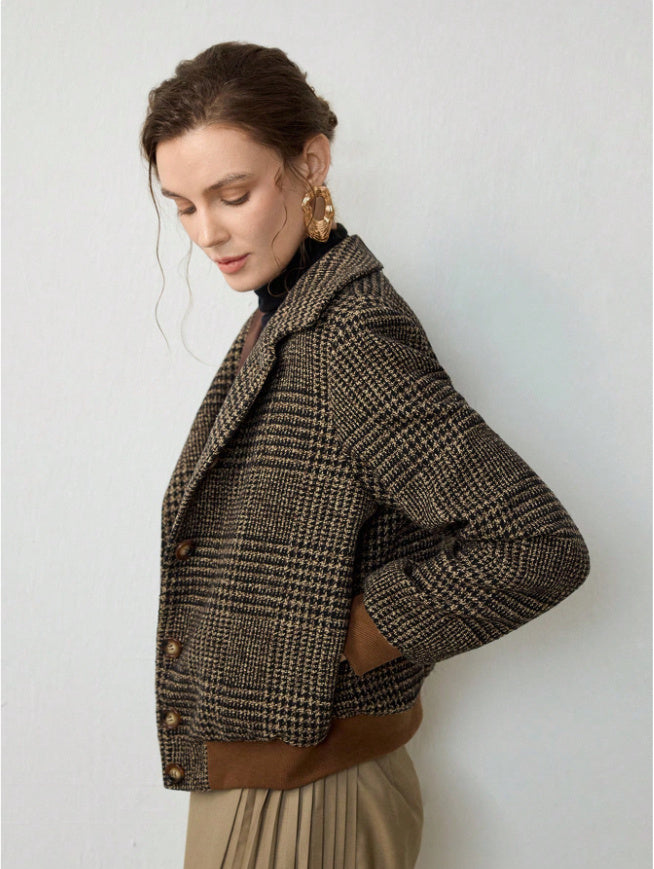 Woven Lapel Plaid Elegant Long Sleeve Casual Slim Jacket