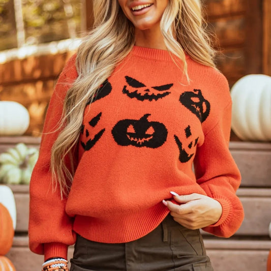 Orange Halloween Pumpkin Face Pattern Drop Shoulder Sweater