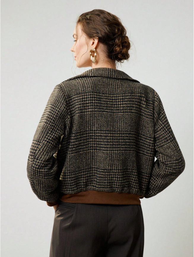Woven Lapel Plaid Elegant Long Sleeve Casual Slim Jacket