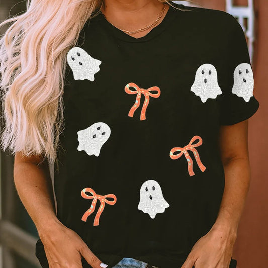 Black Sequin Bow Ghost Patched Halloween Graphic Tee