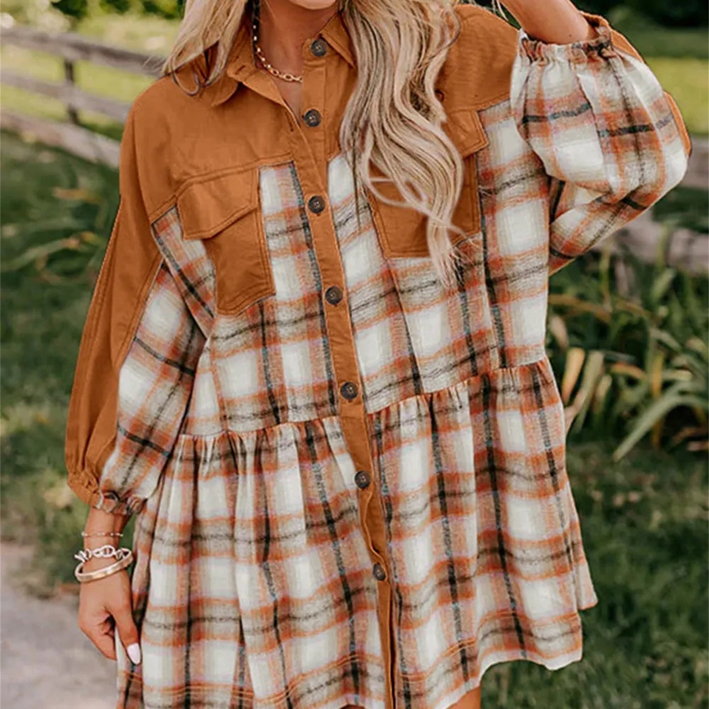 Khaki Plaid Color Block Patchwork Ruffle Hem Tunic Shirt Dress
