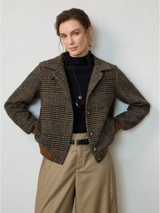 Woven Lapel Plaid Elegant Long Sleeve Casual Slim Jacket